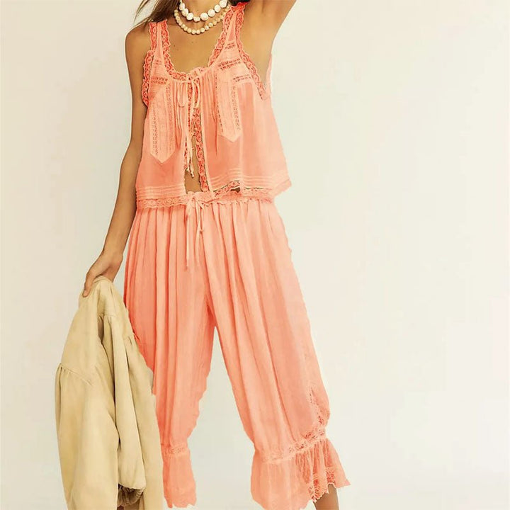 Chloé Rousseau Top and Pants Set with Lace Details - Intofa