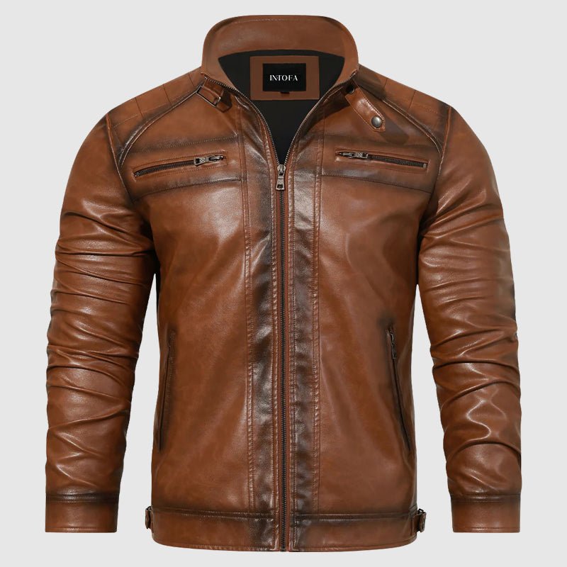 Retro Brown Slim Fit Leather Jacket - Intofa